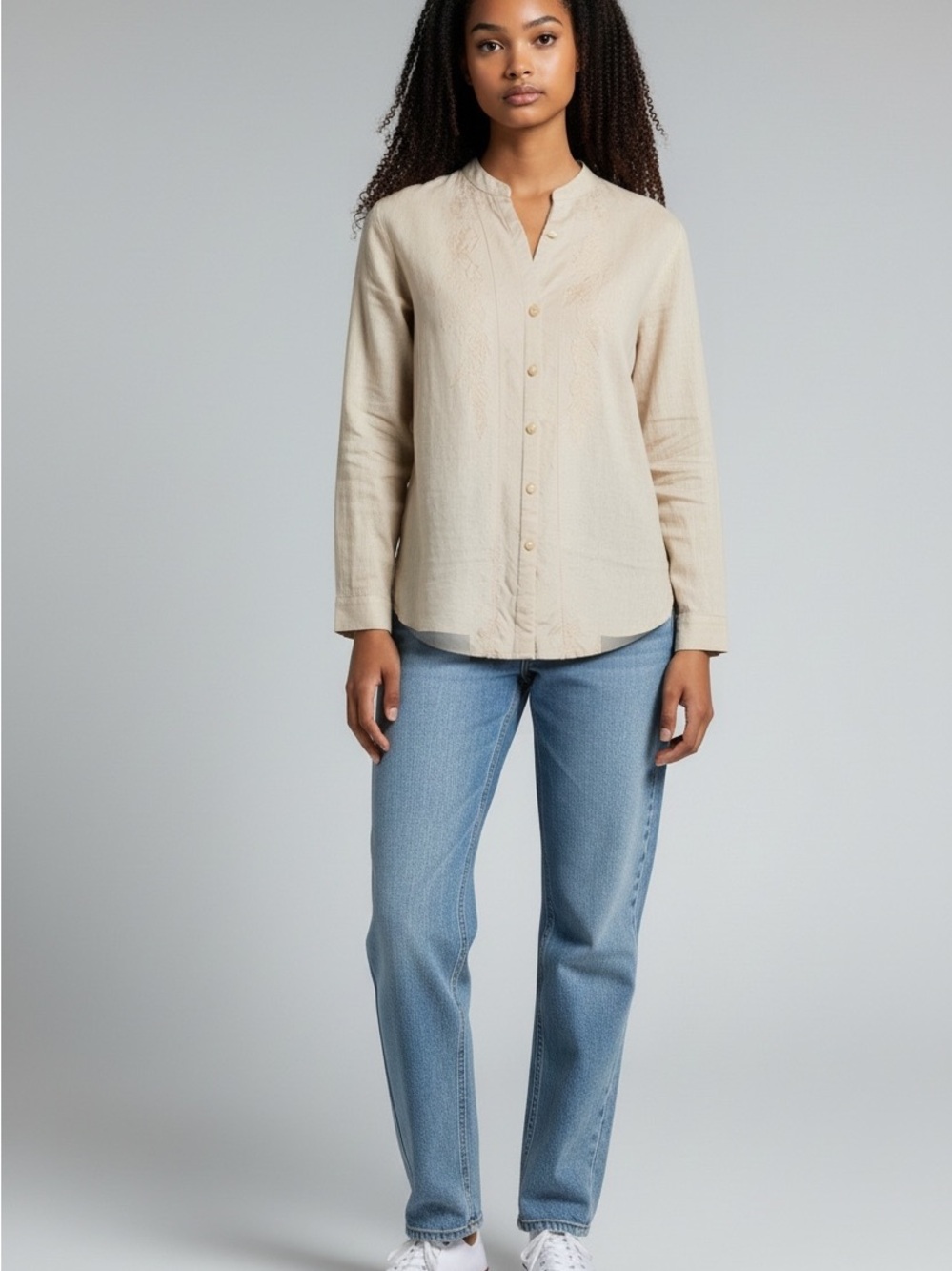 White Stag Cream Button-Front Mandarin Collar Top